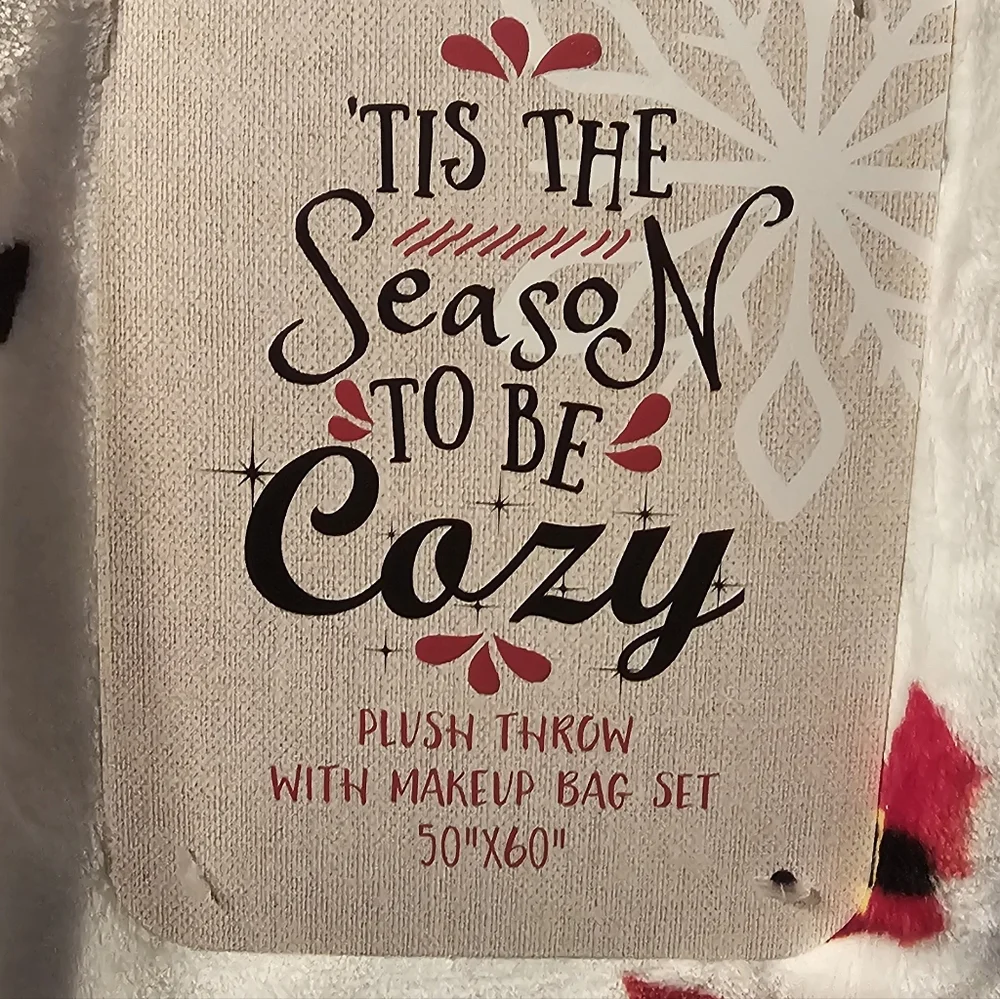Christmas Holiday Blanket with a Make Up Bag! Santa and Reindeer Design. NWT.